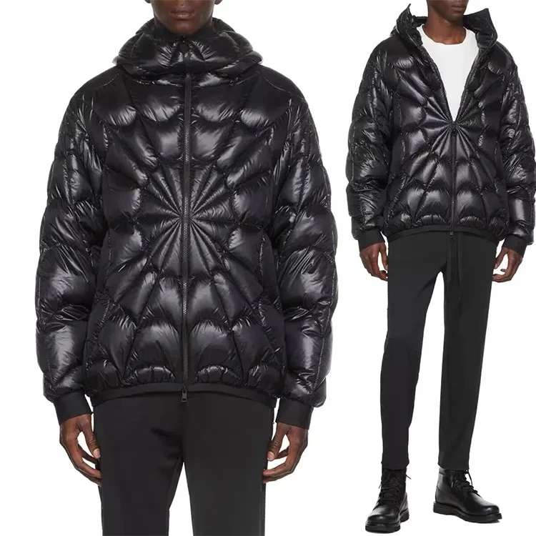 High Street New Fashion Custom Bubble Jacket for Men Spider Web Padded Cotton Men Winter Jackets Black Shiny Puffer Jacket