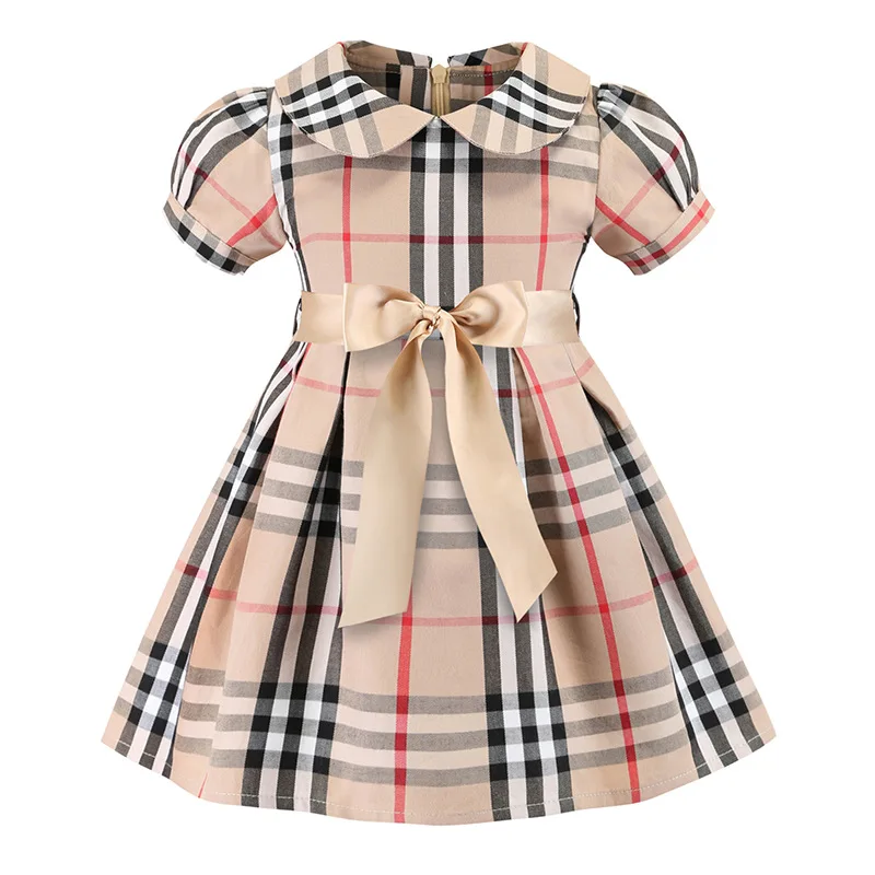 High Quality England Style Plaid Puffy Big Bow Flare Spring Autumn Doll Collar Ball Goen Princess Little Girl Dress