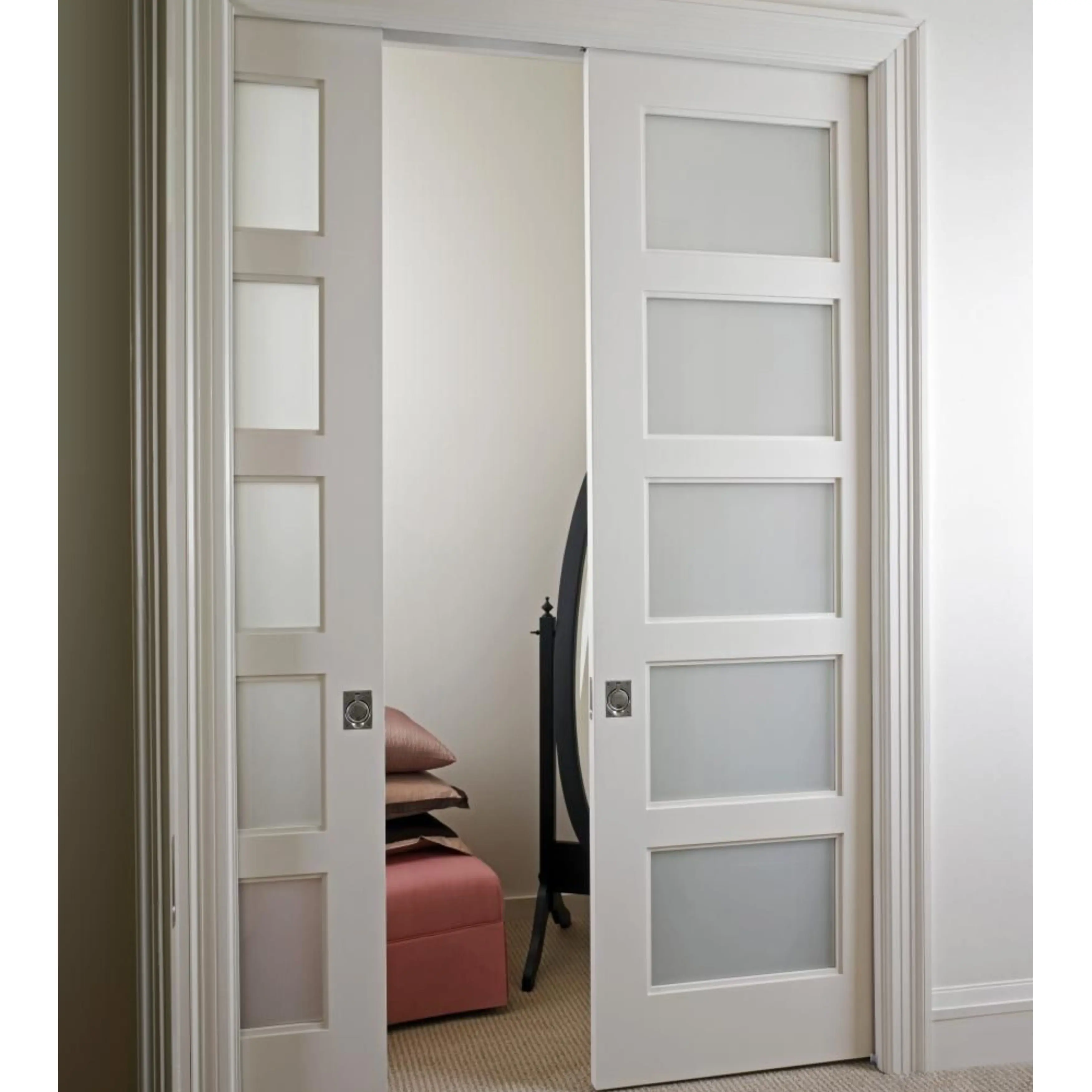 Single Panel Solid Wood Frosted Tempered Glass Pocket Doors Interior for Houses