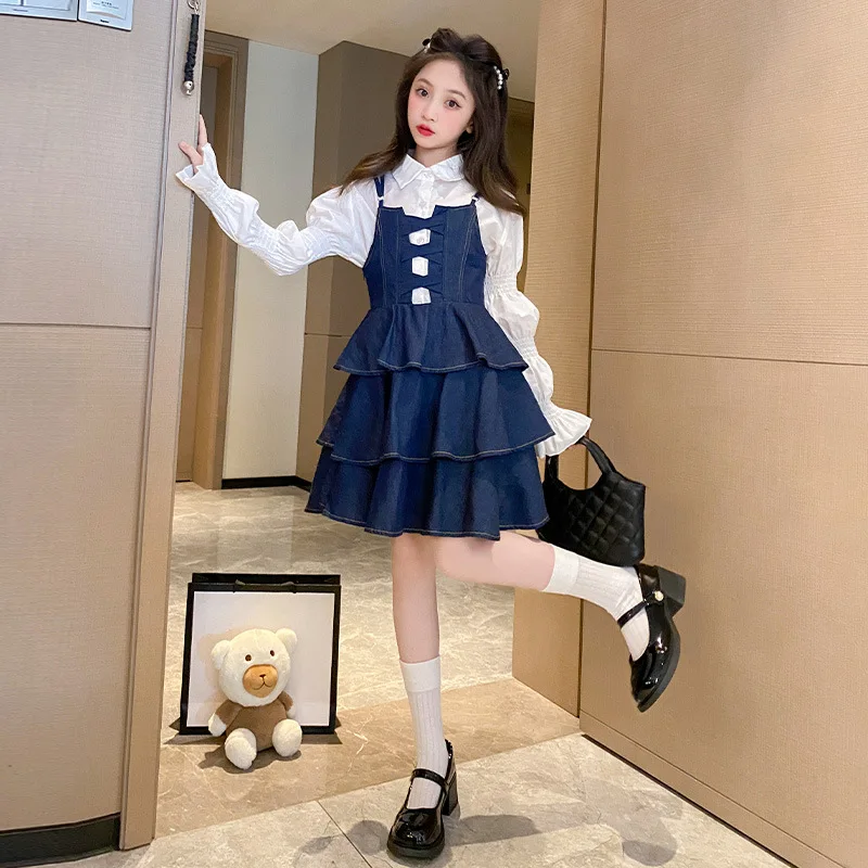 2023 New Fall Teenagers Girls Back to School Outfits Set White Solid Long Sleeved Blouse + Ruffle Denim Jumper Dress 2pcs