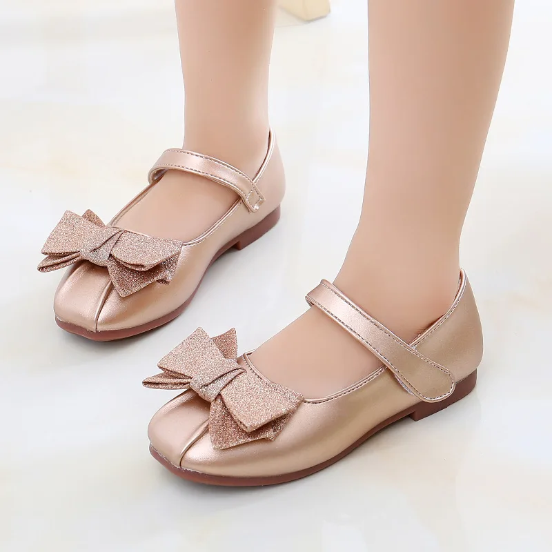 
peep-toe 3-12 years loafer youth student kids children little girl baby bowknot pink gold black leather mary jane casual shoes 