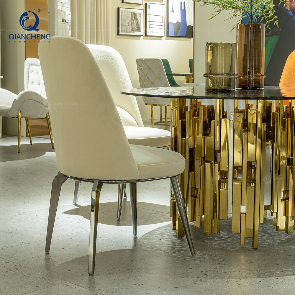 Vip plush dinning metal luxurious nordic sillas de lujo de acero inoxidable upholstered ding genuine leather dining room chairs