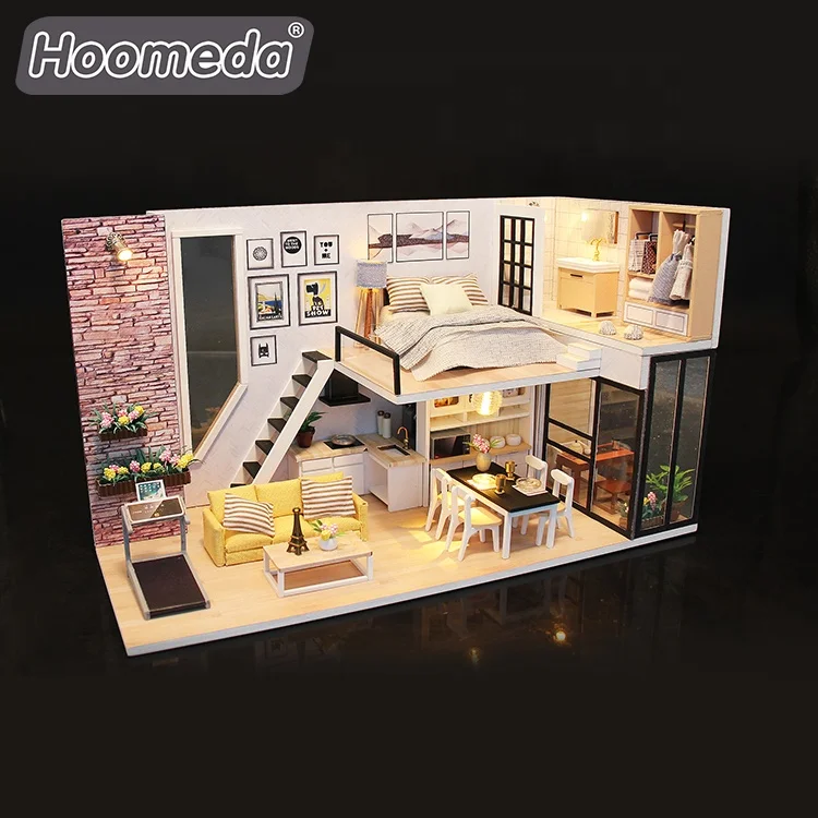New products loft style diy handwork assembly 2 floors wooden dollhouse 1 24 scale miniature dollhouse
