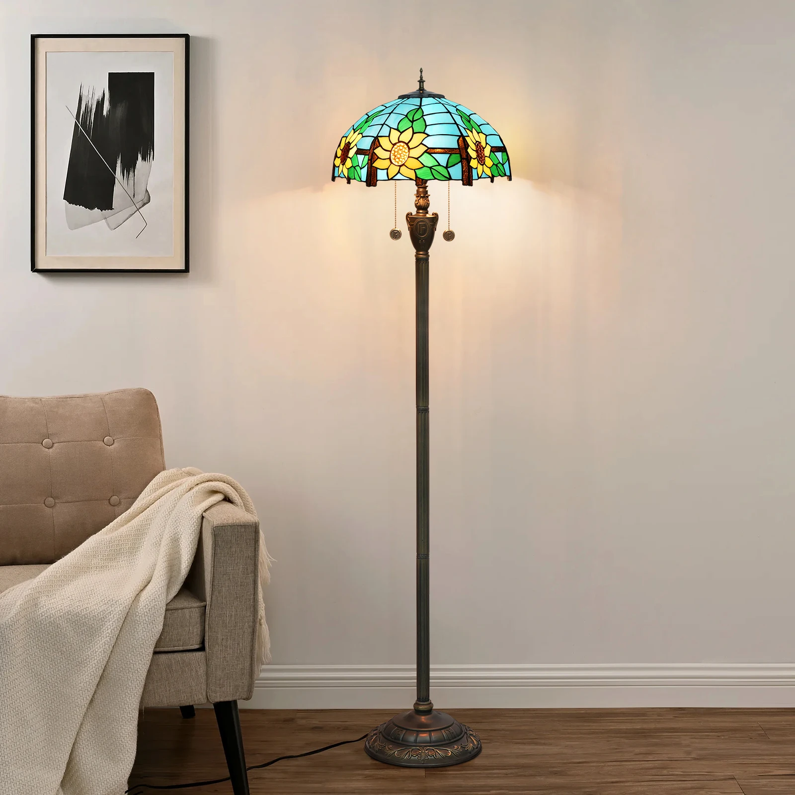 Tiffany Blue Yellow Sunflowers Stained Glass Lamps for Living Room Bedroom Office Lighting Deco Retro Aesthetic Style floor Lamp