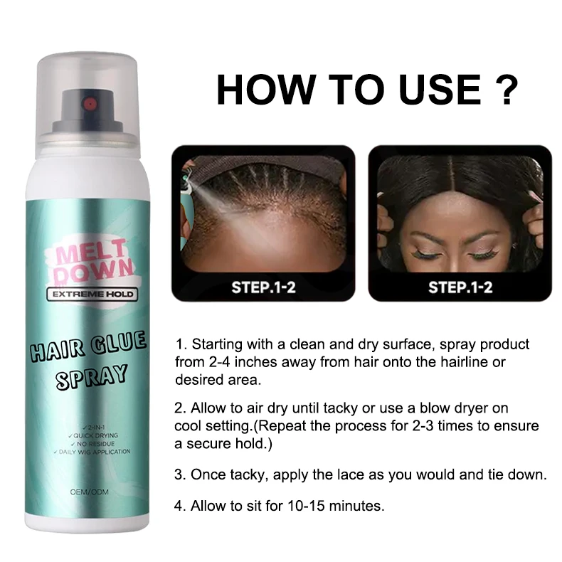 Manufacturers private label customized logo waterproof heat and oil proof super hold lace adhesive wig glue spray