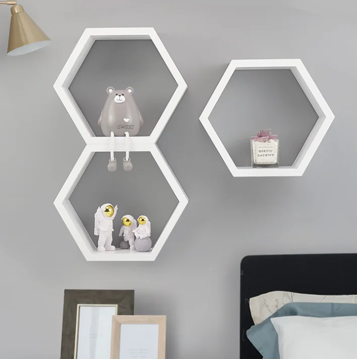 Modern curved mount decorative storage rack display white hexagon wood shelf corner floating shelves