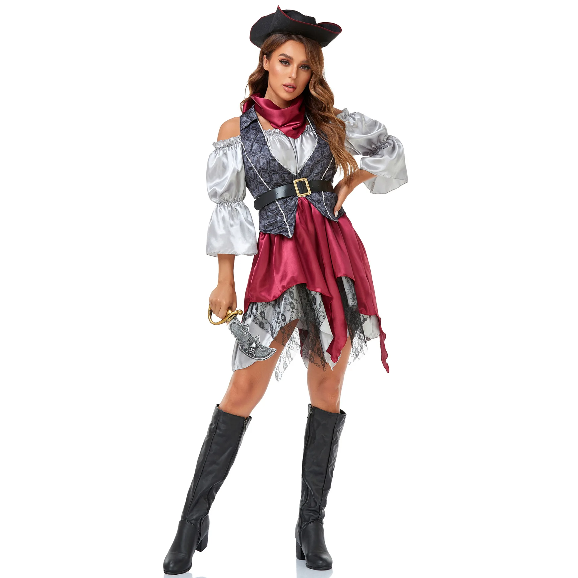 Women Pirate Role Halloween Costume Cosplay Adult Sexy Double Strap Skirt Carnival Halloween Costume