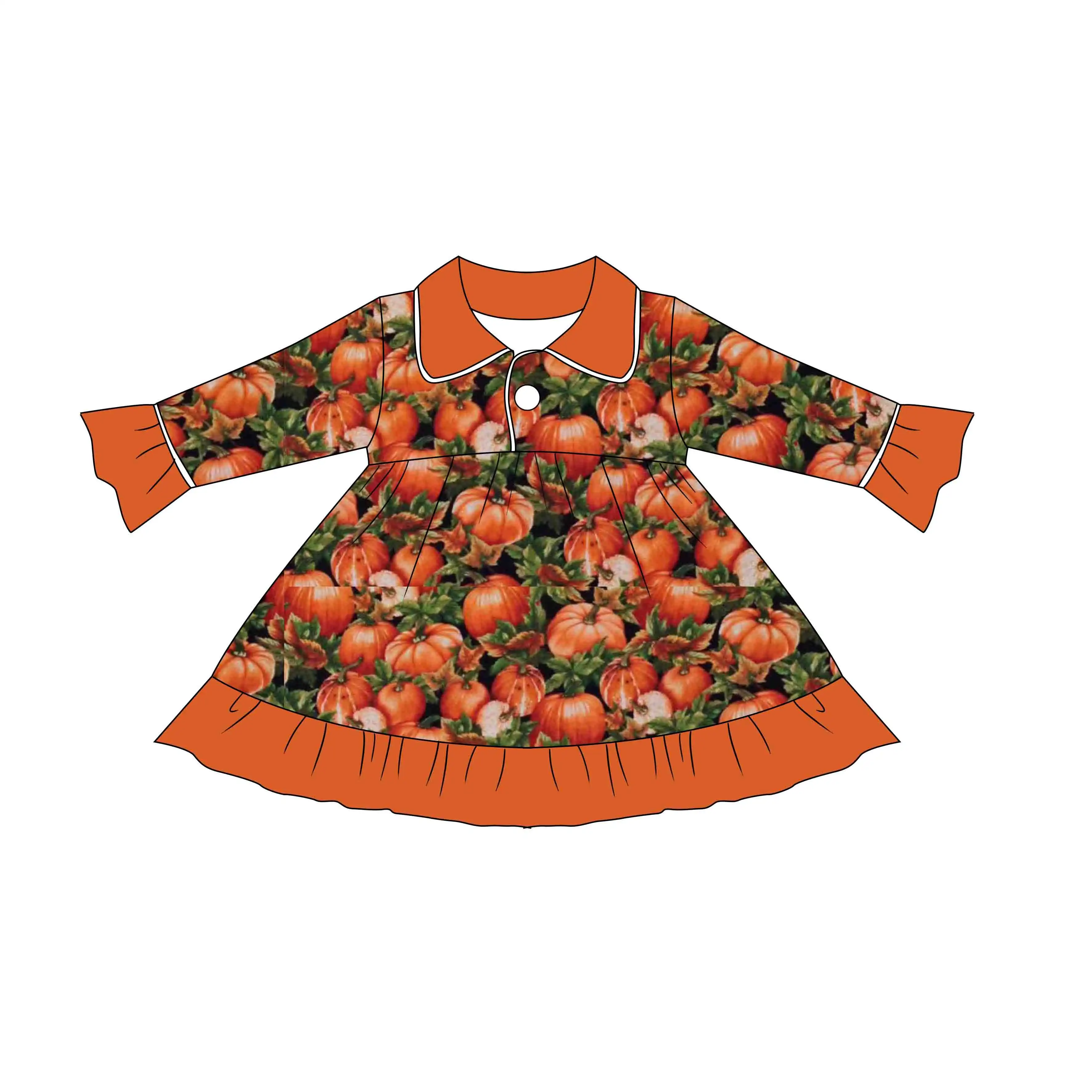 Custom autumn pattern kids girls twirl dress milk silk fabric long sleeve kids baby pocket dress