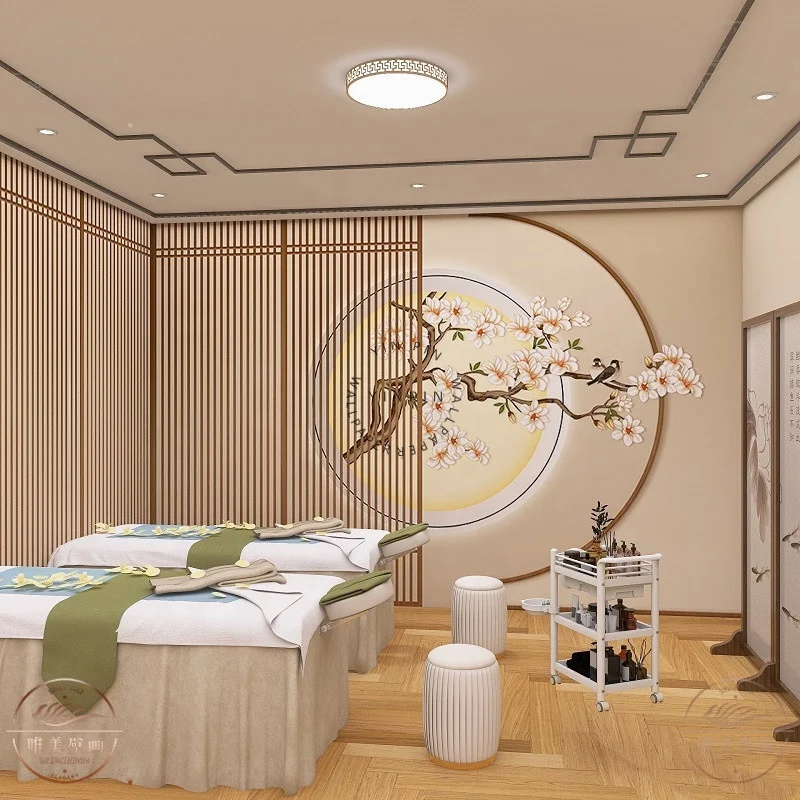 Chinese classical screen health yoga studio wallpaper Guzheng classroom tea room beauty salon ancient style mural