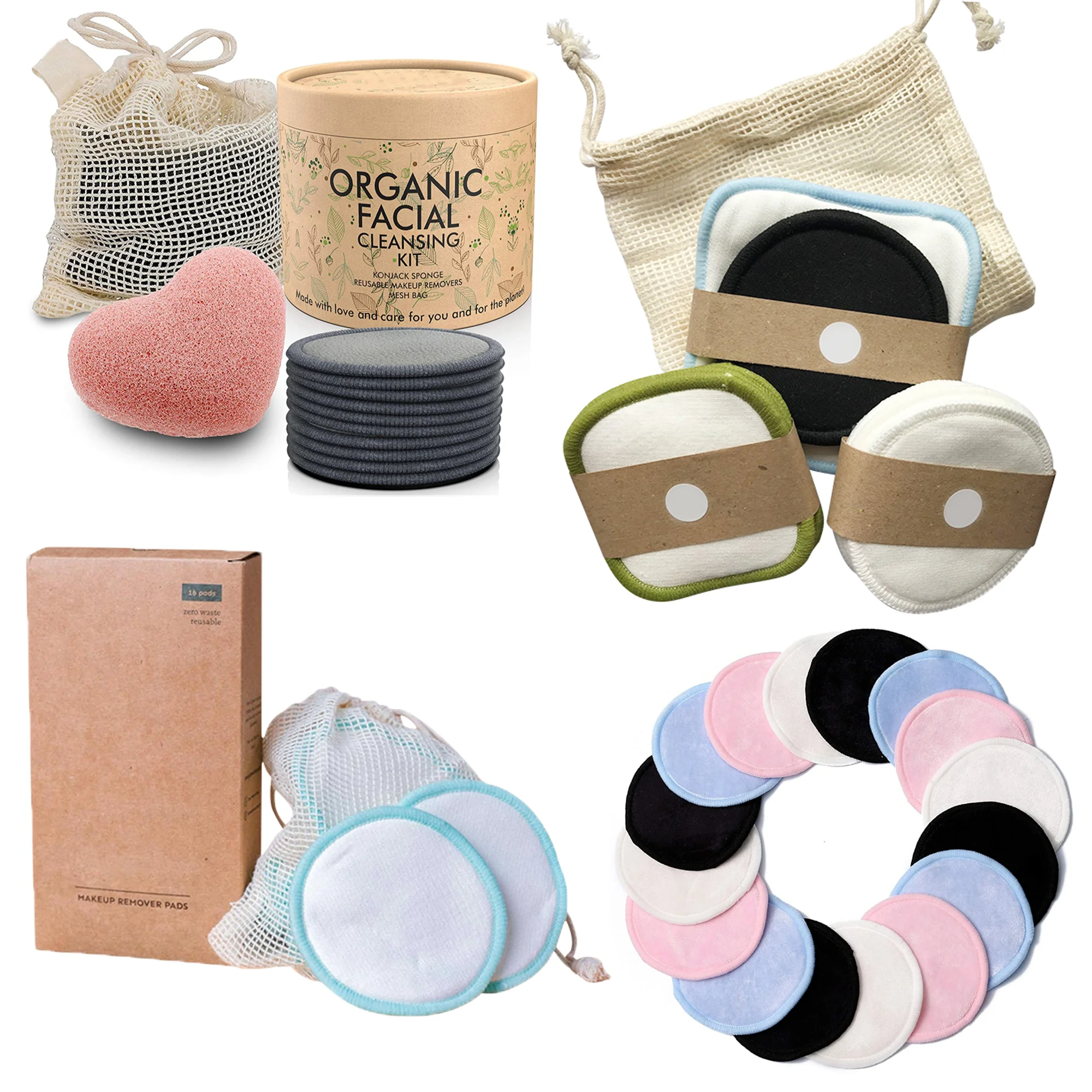 organic washable eco friendly beauty soft square/round reusable bamboo cotton makeup cleaning remover pad mesh bag removal set