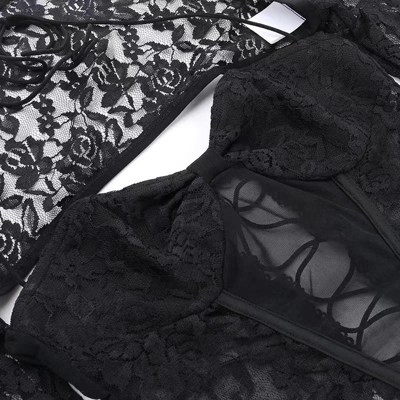 PDEP 2023 spring and  autumn Neck Lace Long Sleeve Mesh Top High Waist Sexy Micro-transparent Straight Pants 2 piece set women