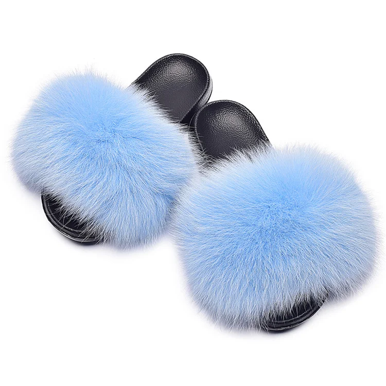 
High-Quality Suture Craftsmanship Women Fashion Fluffy Real Fox Fur House Slippers 