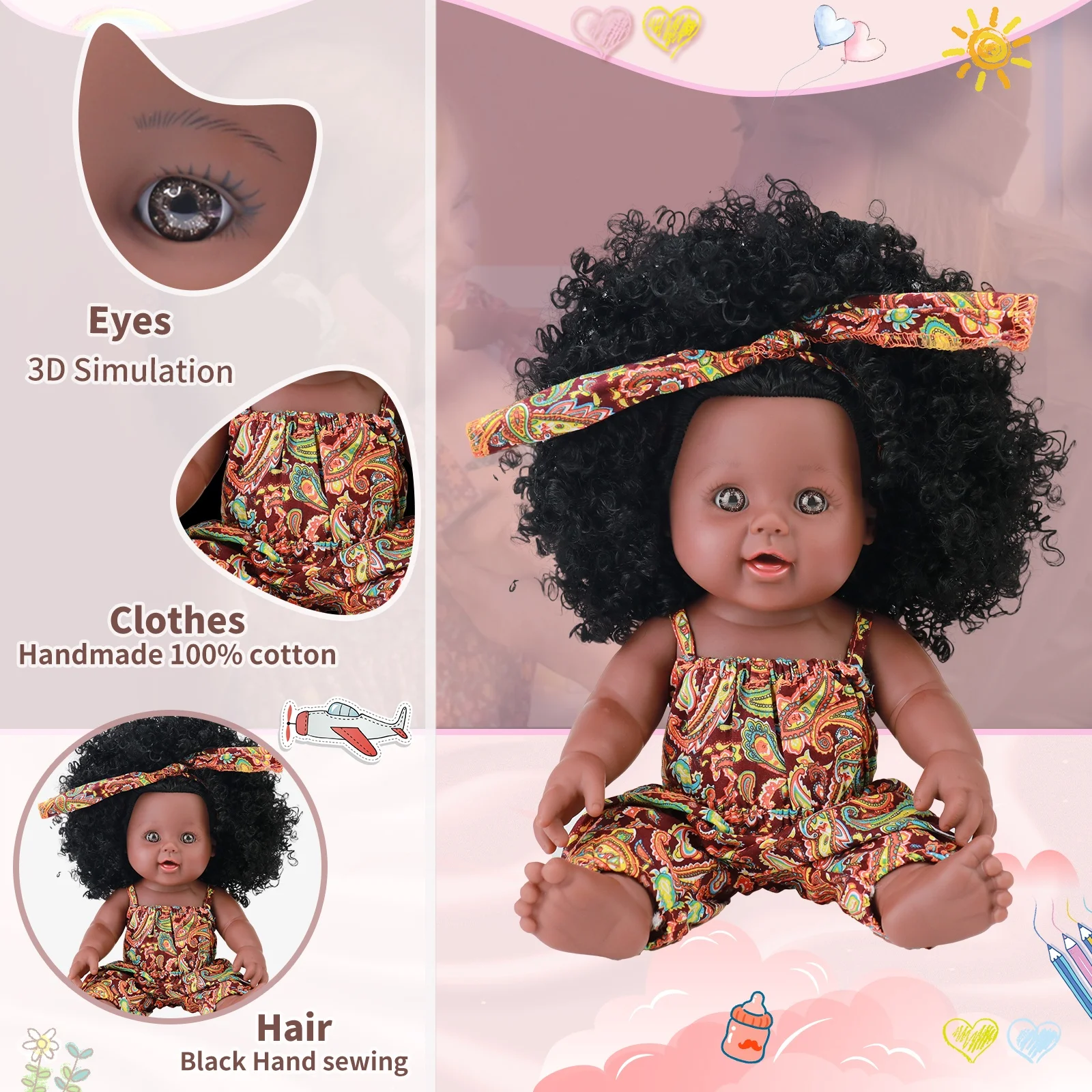 Hot sale 12 inch Black Dolls Baby 30 Cm Tall Real Life Look Vinyl Girl Doll Black Skin Dolls With Afro Hair kinky curly hair