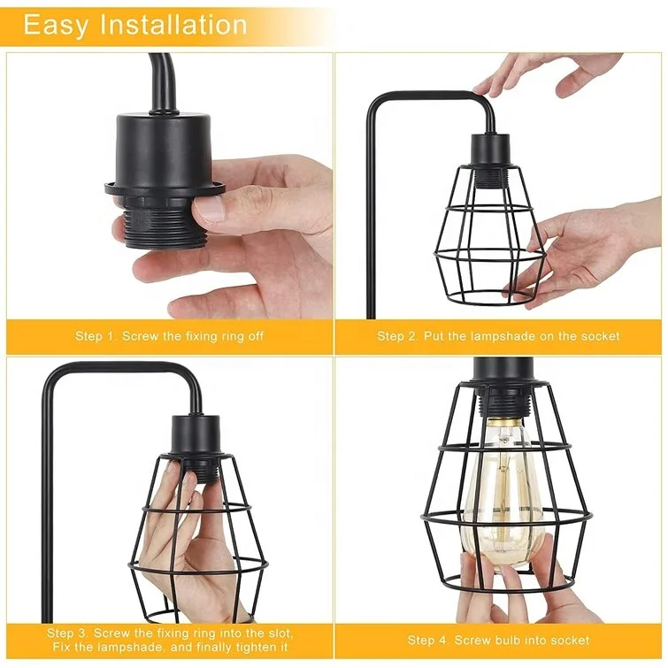 Modern Black Bedside Lamp With Dual Usb Charging Ports And Ac Outlet Lamp With Metal Cage Shade