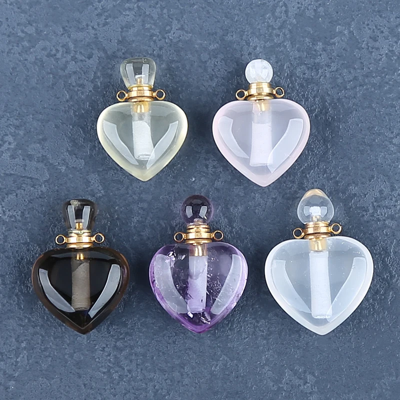 Natural Gemstone Heart Pendant Fashion Jewelry for Women, Heart Shape Perfume Bottle Pendant, Amethyst/ Rose Quartz/ Citrine
