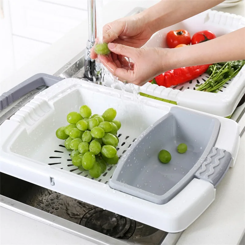 Multifunctional 3 in 1 Cutting Board Set With Colander Adjustable Chopping Block With Food Tray