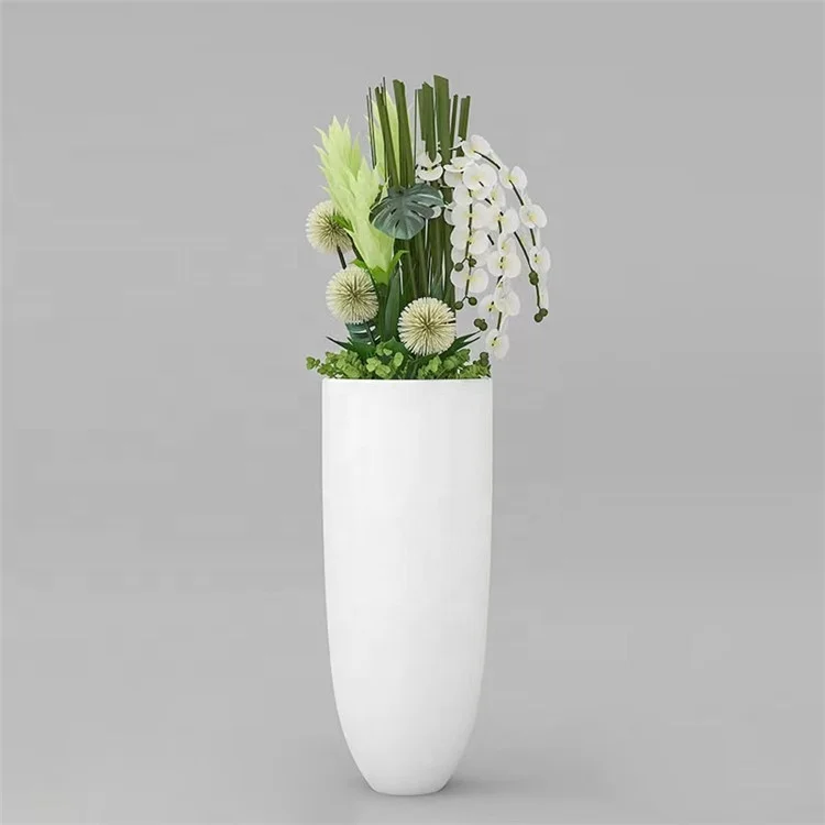 Chinese Home Garden Big Round Shape Fiber Glass Standing Planter White Resin Tall Floor Pots
