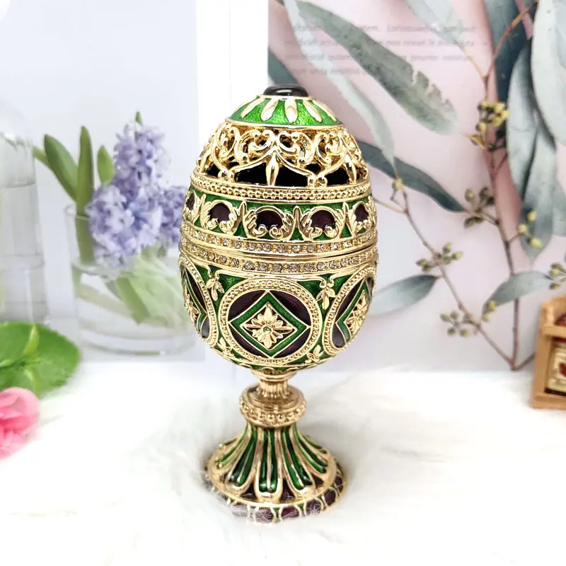 SHINNYGIFTS Easter Gift Green color Faberge egg jewelry box Enamel Vintage Egg Trinket Box