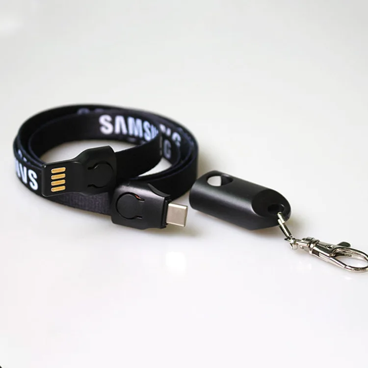 Customize logo Lanyard cable 3 in 1 USB data cable charger 85cm lanyard data charging cable type c