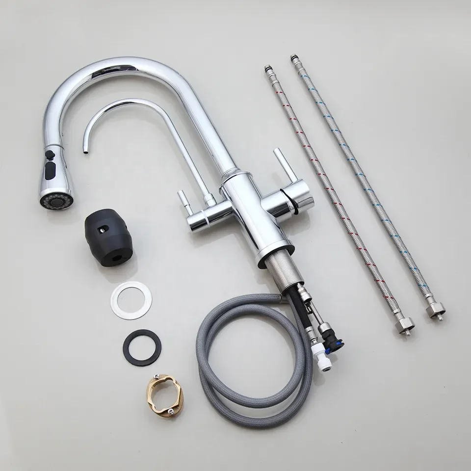 2024 Nickel Brushed Kitchen Sink Faucet with Pull Down Sprayer 2 Handle 3 in 1 Water Filter Purifier Kitchen Faucet