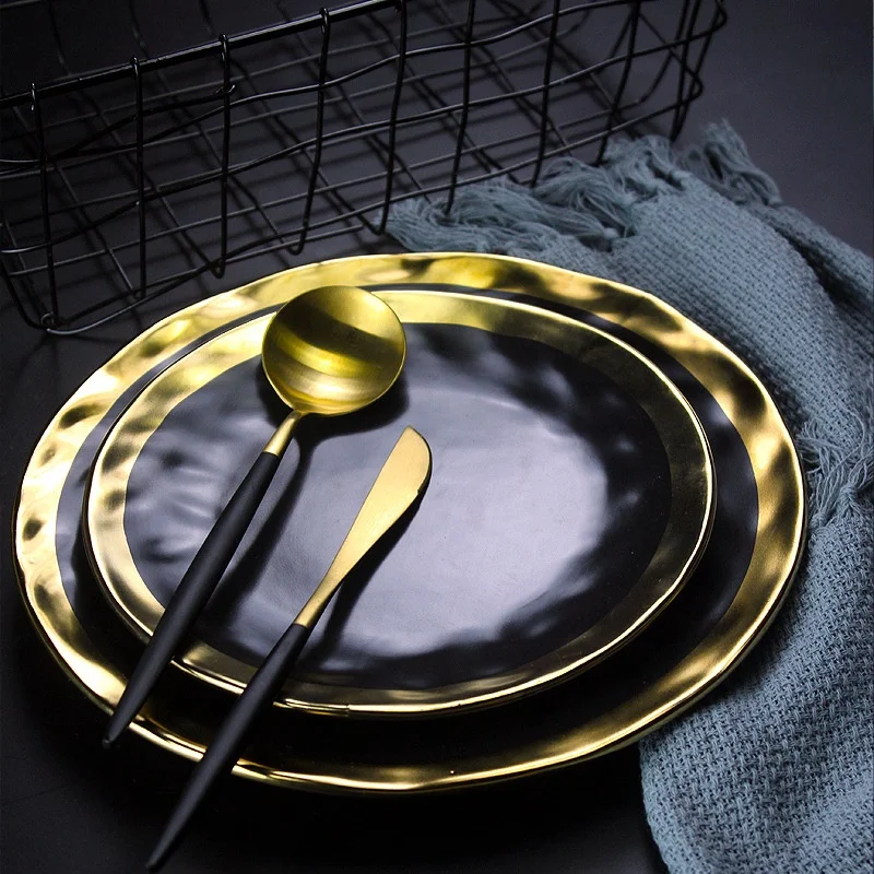 Cheap bulk vintage porcelain black white appetizer gold rimmed plates