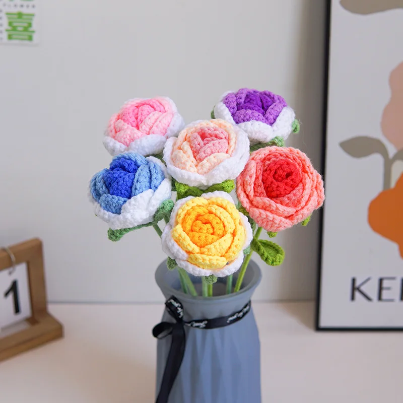 S11 Home Decoration Handmade Artificial Knitted Flowers Bulk Hand Woven Rose Crochet Flowers For Decoration Rose Flowers