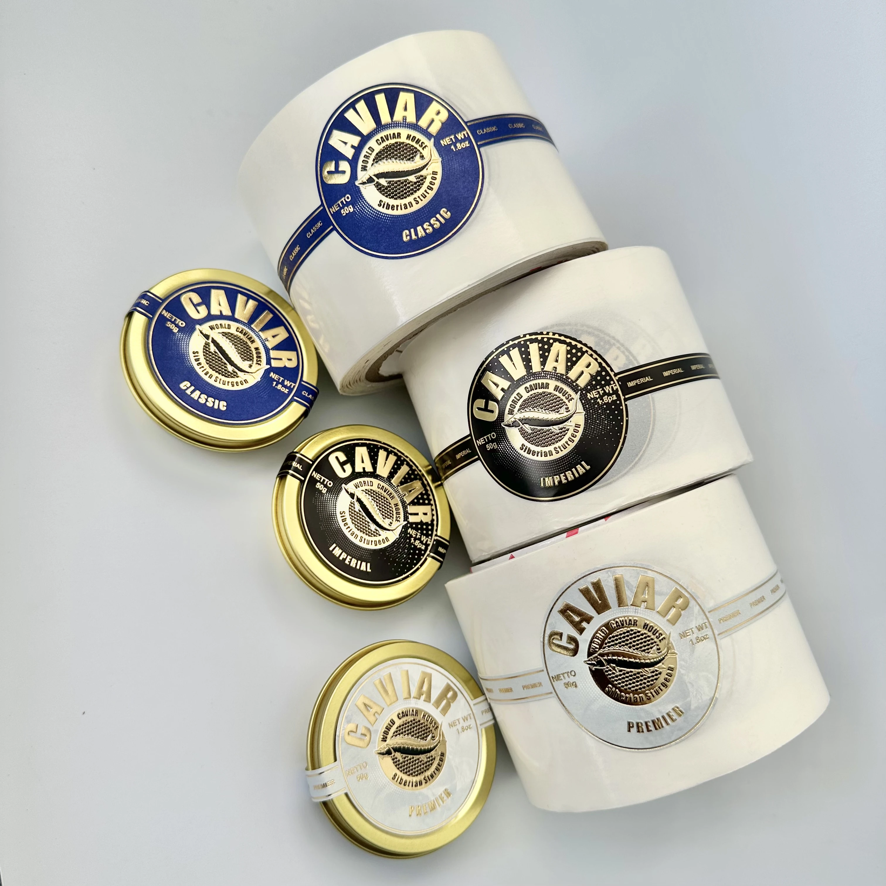 Minsda Custom Aluminum Waterproof Frozen Caviar Tin Label 3D Embossed Gold Foil Caviar Label Sticker