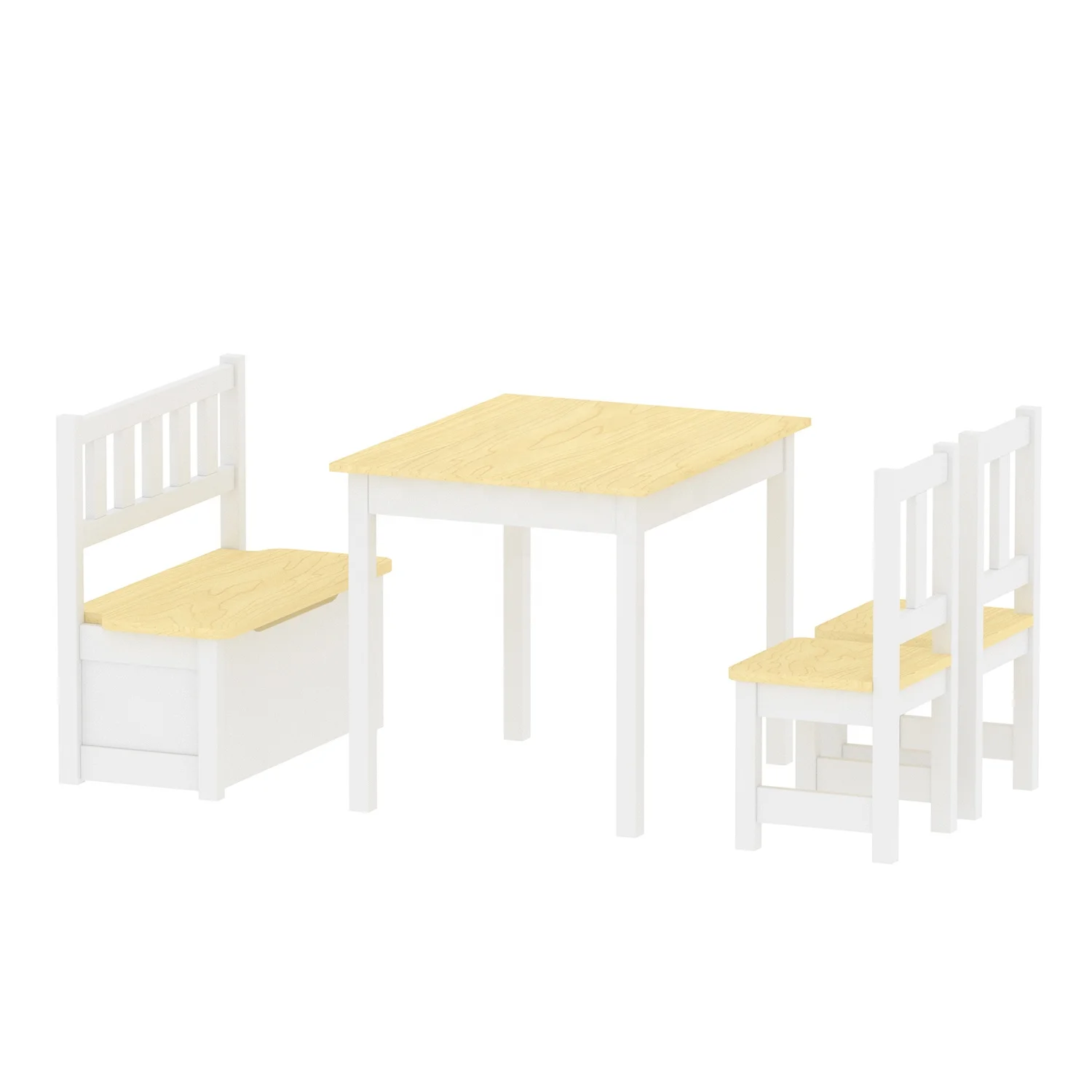 Modern Wooden Kids toddler Table Set with 2 Chairs and 1 Storage Bench, kindergarten preschool kids party table and chair set