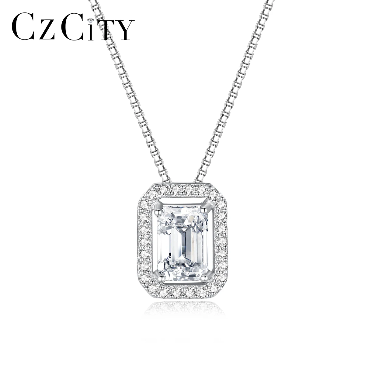 CZCITY Square Necklace Jewelry Sterling Silver Chain Girl Woman Designer 925 Iced Out Moissanite Pendant