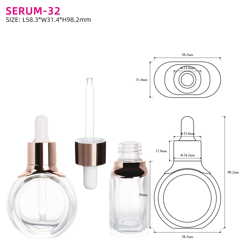 OMI Luxury Custom 30ml Flat Glass Serum Bottle Skincare Dropper Screen Printed Face Serum Essential Oils Available 50ml 10ml