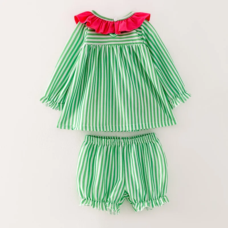 In Stock Ready to Ship Infant Baby Girl Winter Christmas Santa Claus Embroidered Green Stripe Set Outfit