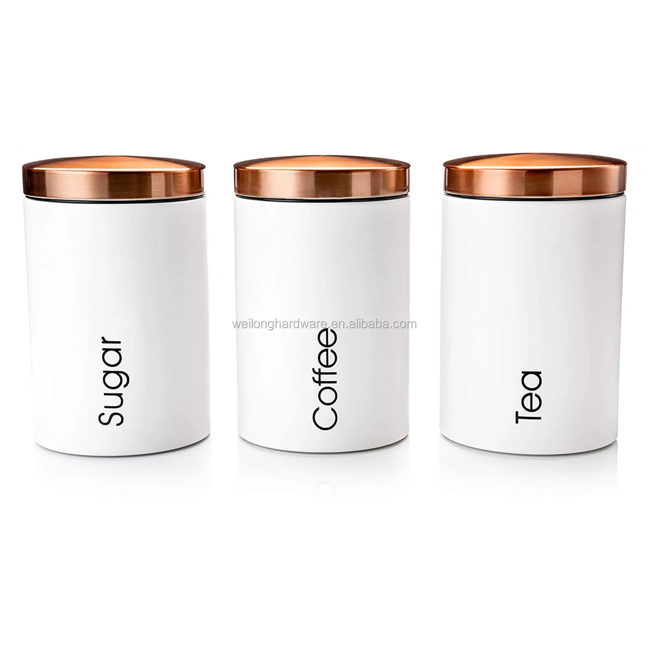 Set of 3 Large Metal Kitchen Storage Canisters Copper Stainless Steel Lid Jars for Storage of Tea Coffee and Sugar