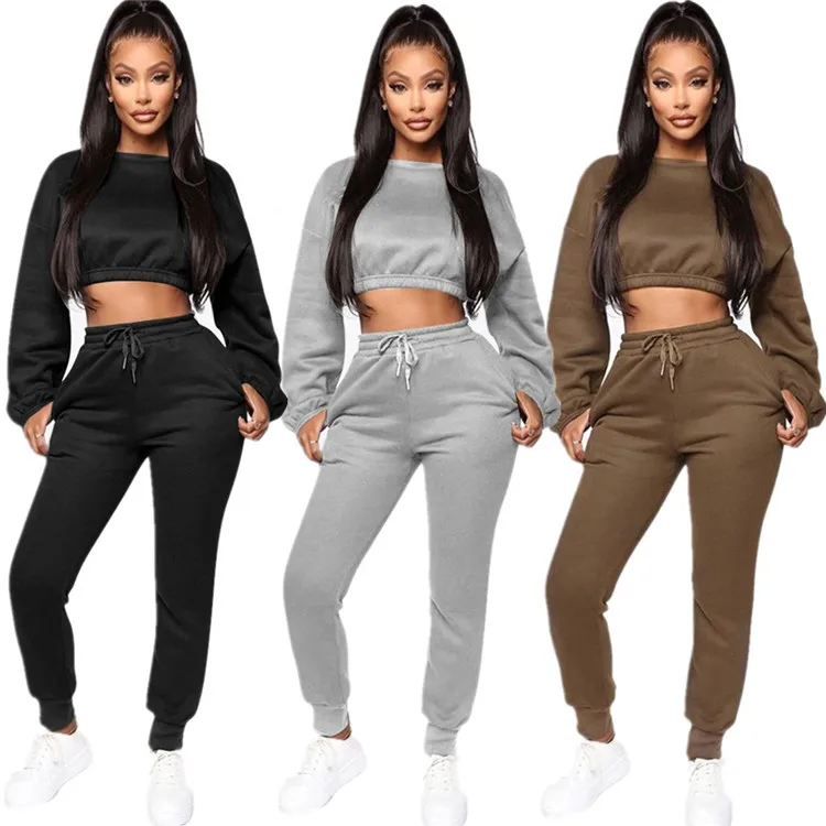GC-35213  Autumn  long sleeved midriff baring cardigan round collar solid color two pieces sports suit boutique clothing women