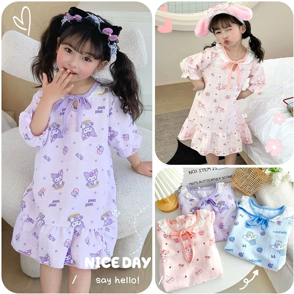 Kawaii пижама для девочек аниме Cinnamoroll Kuromi Melody летняя корейская детская одежда с мультяшным принтом кружевной воротник домашняя