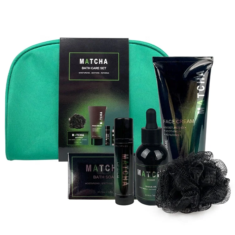 OEM Wholesale Matcha Men Gentle Shave Oil Face Cream Lip Balm Bath Soap Moisturizing Nourishing Bath Care Set
