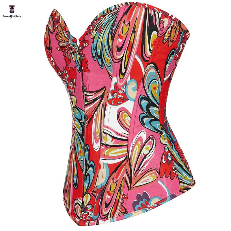 6 Brooches Closure Red Green Vintage Korsett Chest Binder Bustier Butterfly Print Overbust Corset Top For Women