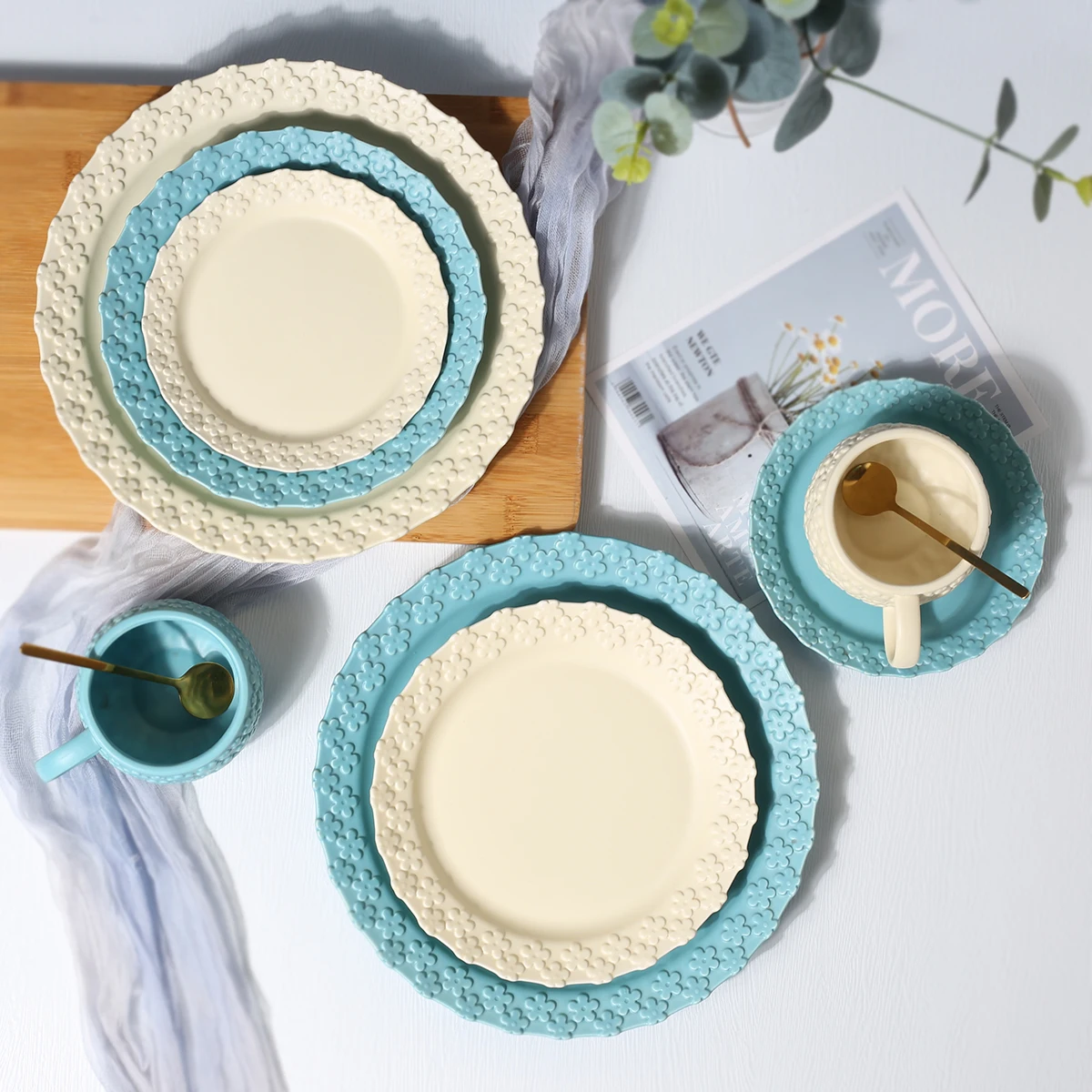 Matte Color Glaze Stoneware Dinnerware Flower Embossed Ceramic Dinner Plate Set Tableware