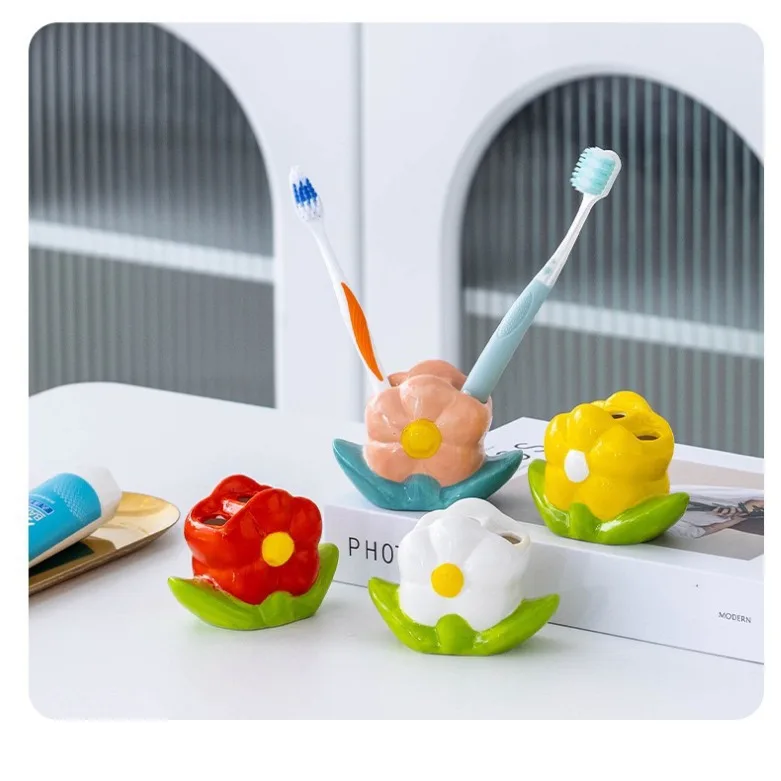 Porcelain flower porous toothbrush holder bathroom toothbrush holder makeup eyebrow pencil holder customized