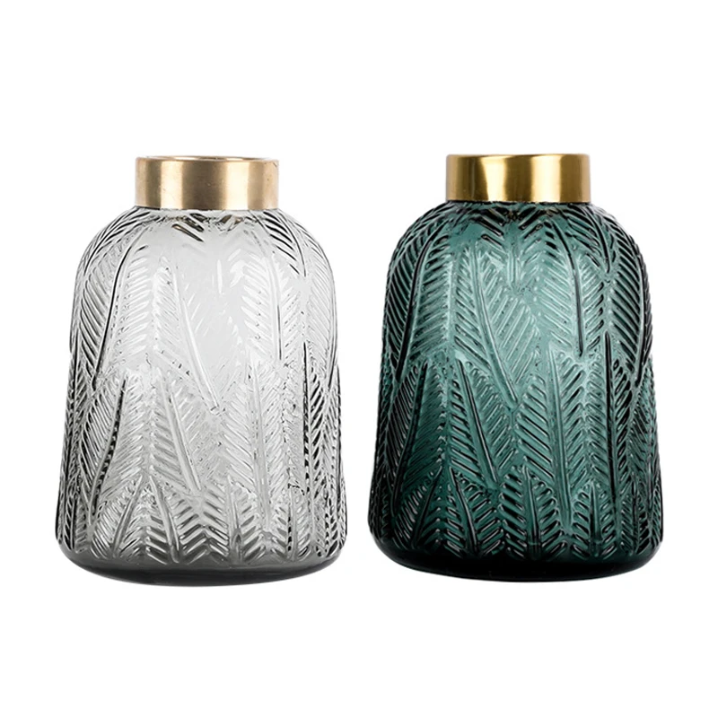 
Amazon Ins creative Nordic tabletop medium Glass Vase leaf pattern with gold-rimmed home Decorative Flower Glass crystal Vase 