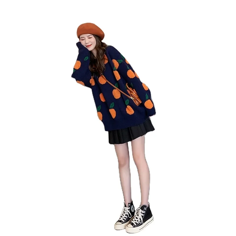 
Hot sale loose pullover fruit pattern women sweater O-Neck sweater 