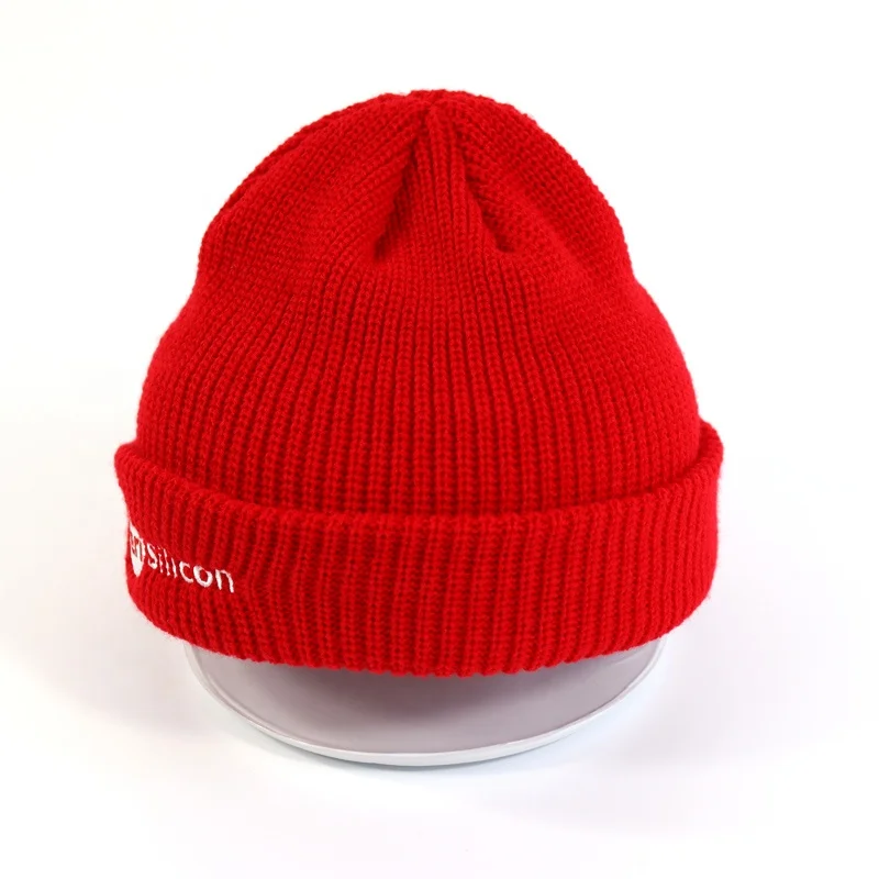 Snug And Warm Scarlet Red Knitted Winter Hat Embroidery Custom Logo Beanie