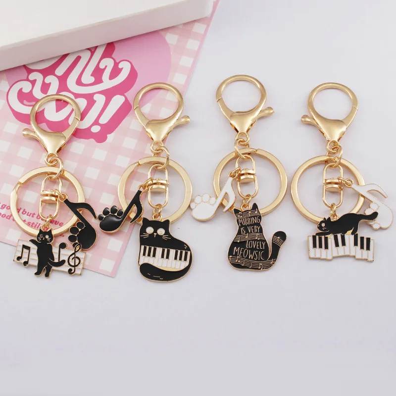 Cute luck Cat Keychain music keyring Metal Key Chains Kawaii Black Cat piano enamel Keychain for woman gift Bag Pendant key ring