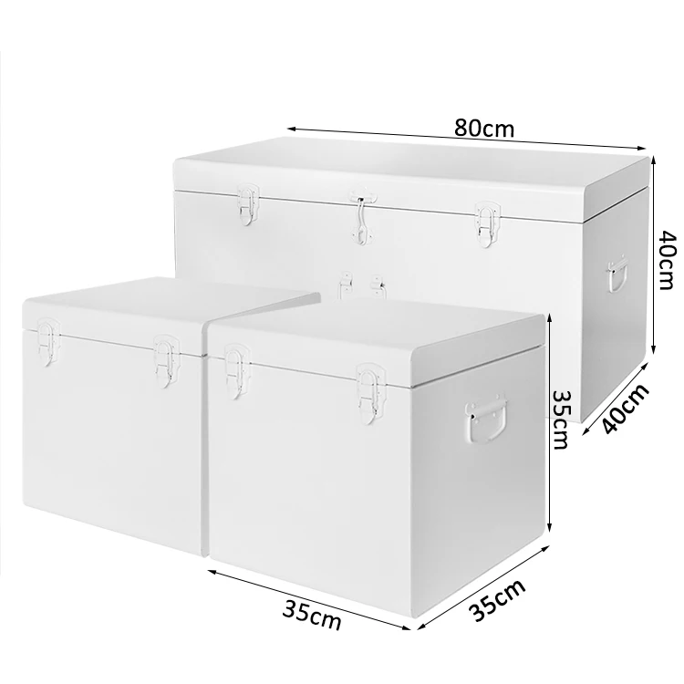 Custom large long trunk coffee table White set of 3 metal handles trunk box decor storage metal trunks