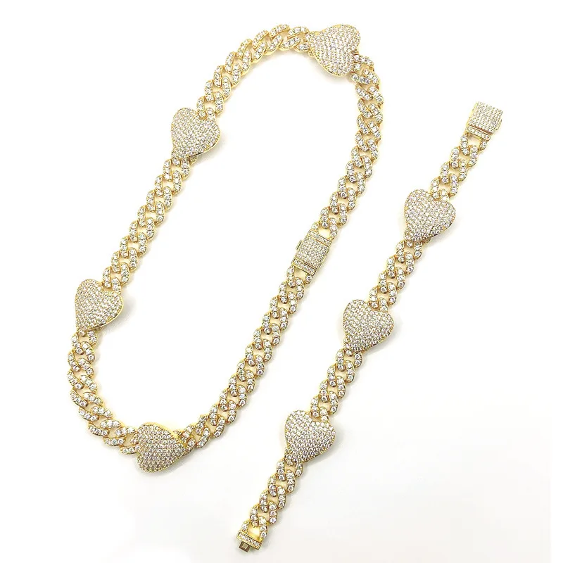 MJ Jewelry  Hot 2021 New Arrival 10mm Cuban Chain Heart Charm Bracelet Necklace Bling Bling Women Men Rapper Miami 2 Jewelry Set