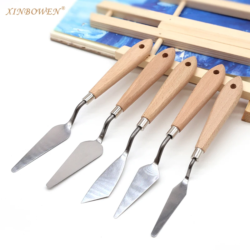 Xinbowen Natural Wood Handle Stainless Steel Spatula Palette Knives For Oil Painting Acrylic Mixing Special Effects