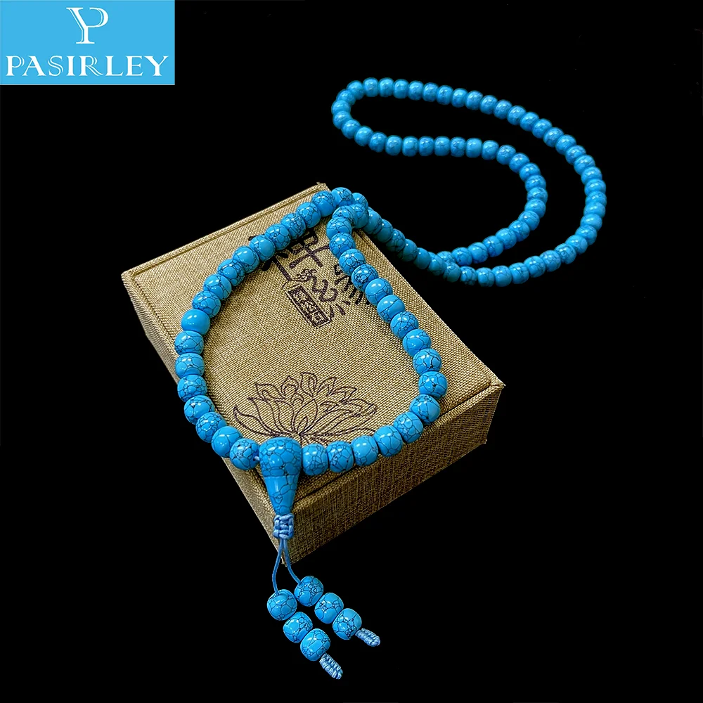 Handcrafted Bucket 8mm Synthetic Turquoise Buddha Beads 108 Beads Blue Turquoise Bucket Bead Bracelet Necklace