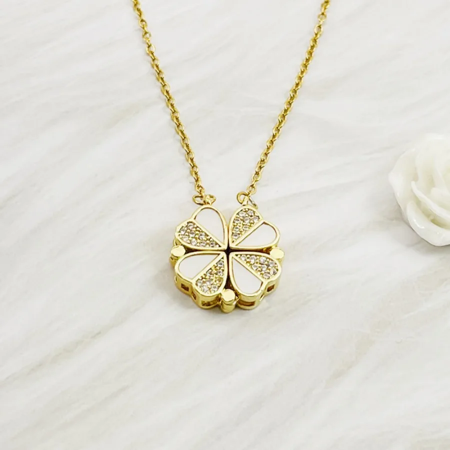Wholesale Jewelry Fashion Heart Shaped Four Leaf Clover Pendant Magnetic Stainless Steel Zircon Love Clover Necklace for Women