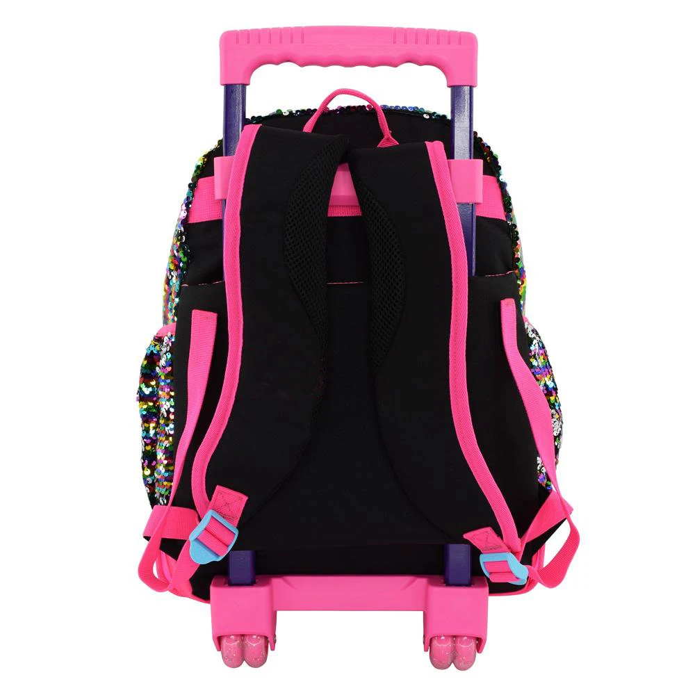 Stylish quality children plush animal sequin cute kids trolley rolling school bag  backpack with LED lights for school girls