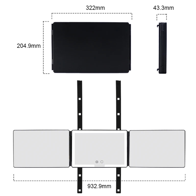 fold 3 way make up mirror 360 hanging mirror self cut hair with led rechargeable light