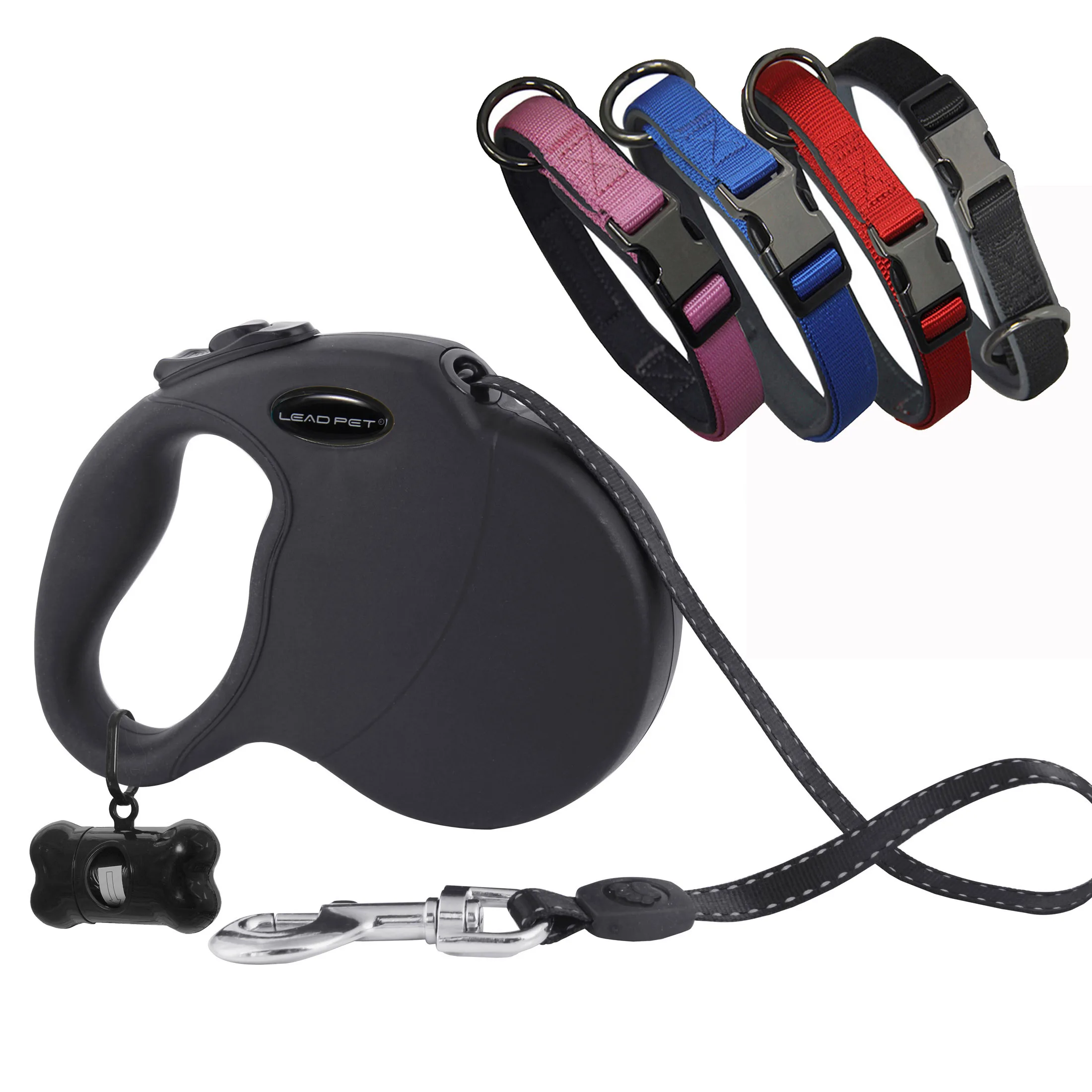 LEAD PET Retractable 16ft Heavy Duty Reflective Nylon Tape Lead for dog Up to 100 LBS. Tangle Free Design One Touch Quick-Lock